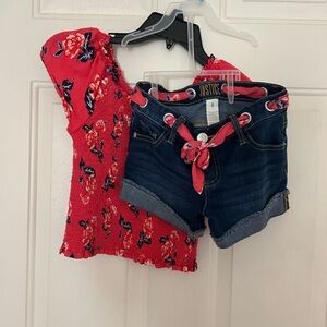 Gently used size 8 Justice Red Floral Kids Top and matching Jean shorts